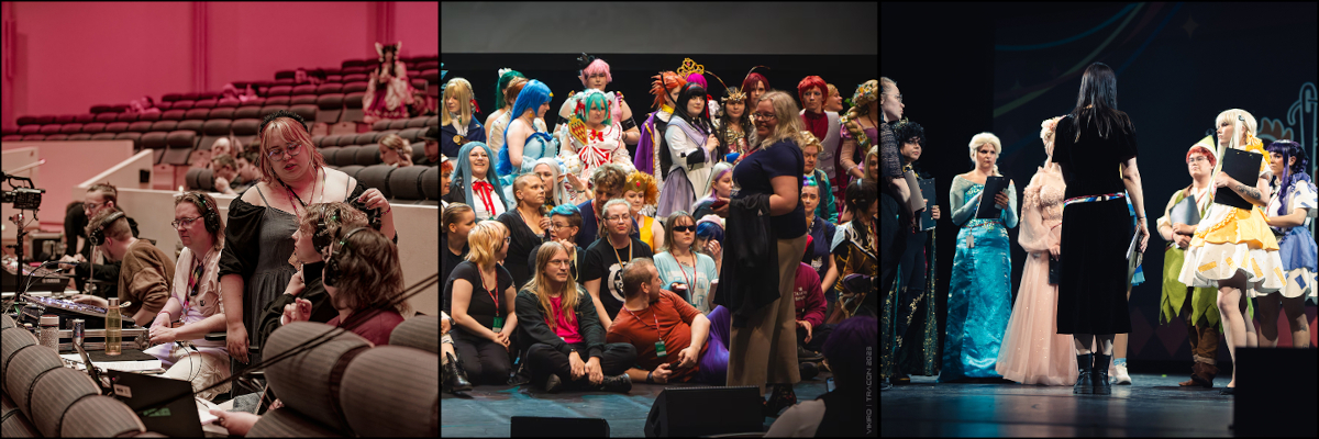 Three photos from behind the scenes, from left to right: 1st photo, taken by Nyymix: Main auditorium technical team at work, with their control boards and headphones, discussing something. Second photo, taken by Vikiro: Cosplayers and convention staff (with signicant overlap) on the main stage, assembled to take a group photo. 3rd photo, taken by Emilmeemu: Cosplay staff holding a meeting on the main stage.