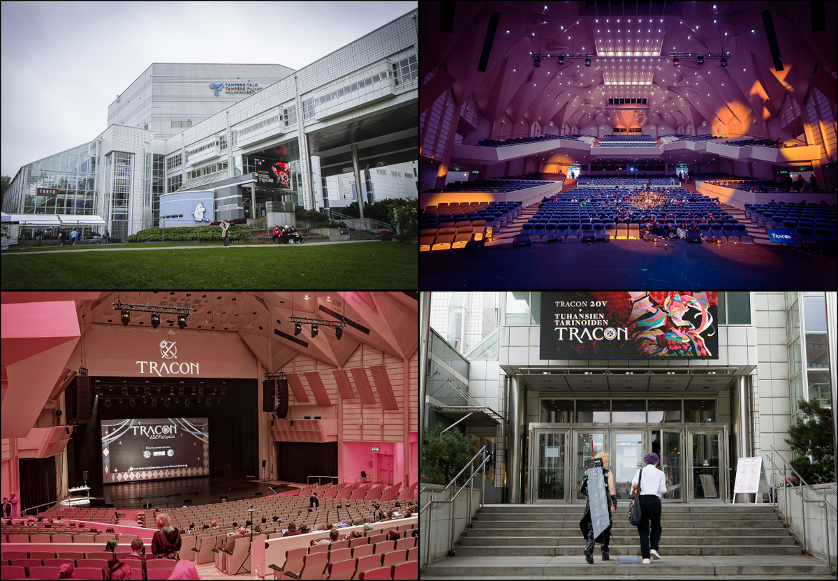 Four photos showcasing the venue, from top left to bottom right: 1st photo, taken by Vikiro: Tampere Hall pictured from the main entrance side, a tall and white modern building with tiled walls and many window panes. The screen above the main entrance tells that the venue is currently hosting Tracon. 2nd photo, taken by Nyymix: The Tampere Hall main auditorium in all of its glory, as pictured from the main stage. 1800 blue, upholstered seats for the audience in two floors and a high wooden ceiling with dozens of small lights. People are coming in and the auditorium is starting to fill up. 3rd photo, taken by Nyymix: Another shot of the main auditorium, taken from the audience. The screen behind the main stage says the AMV contest is going to start next. 4th photo, taken by Juce: The main entrance of Tampere Hall, the screen above it welcoming people to the 20th anniversary Tracon. Two cosplayers approach the doors, one carrying on their back a sword prop as tall as themself.