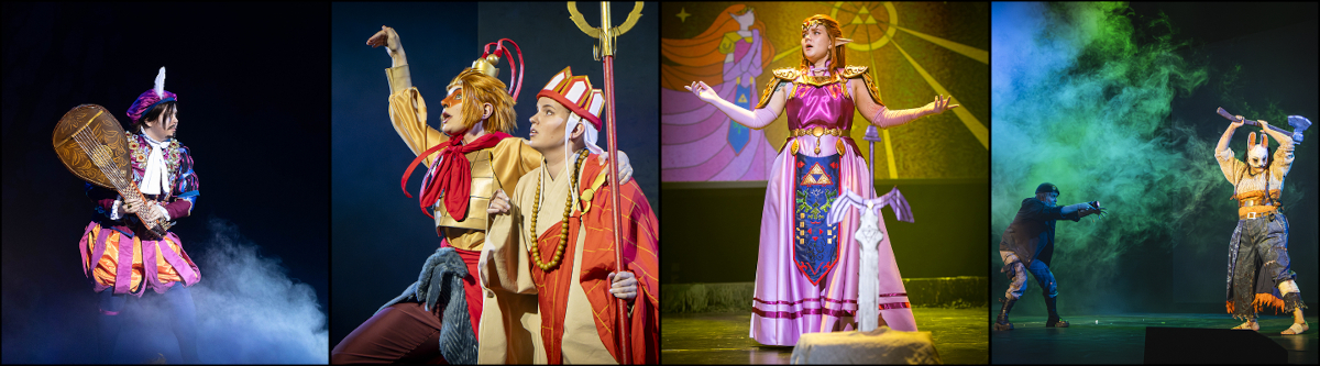 Four photos, from left to right: 1st photo, taken by Erkko: A mustachioed cosplayer with a wary expression, wearing trunk hose and holding a large lute as if about to strike something, or someone, with it. 2nd photo, taken by Vikiro: Two cosplayers in red and gold costumes, one dressed up as Monkey King eagerly explaining something to the other, Chinese monk. 3rd photo, taken by Nyymix: A cosplayer as Princess Zelda, wearing a pink dress and a slightly concerned expression, extending their arms. 4th photo, taken by Vikiro: The scene happening on the stage is like from a horror movie: A cosplayer wearing rugged clothes and a terrifying bunny mask has raised a large axe above their head. Another cosplayer, dressed up as a terrified-looking old man with a grey beard, is pointing a torch at the threatening bunny.
